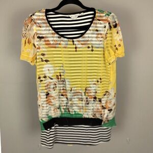 Drape Layered Mixed Media Floral Striped Blouse Yellow Green Short‎ Sleeve